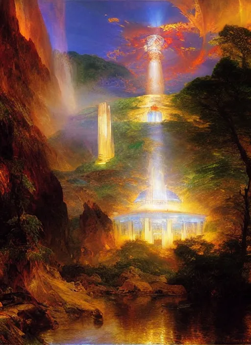 Image similar to a beautiful view of the temple of light, art by thomas moran and frederic edwin church