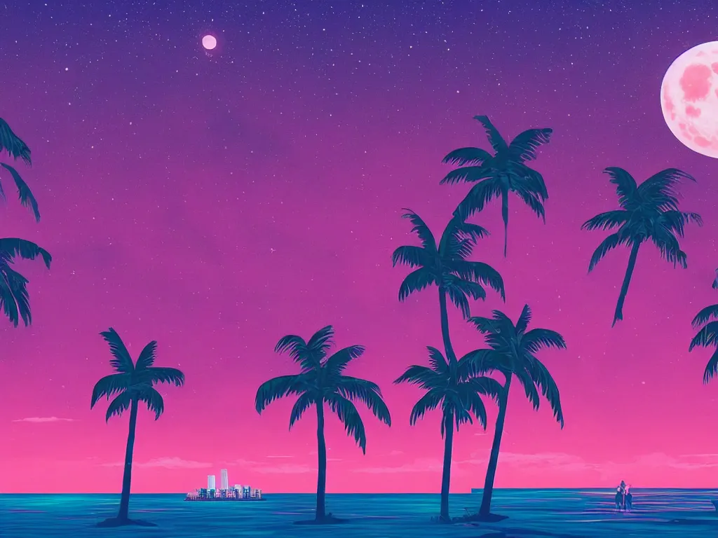 Image similar to night on a summer miami beach, city on the background, palm trees, footprints in the sand, full moon reflected in the calm ocean, starry sky, 8 k, ultra detailed, trending on artstation, digital painting, synthwave and retrowave style, pink color scheme