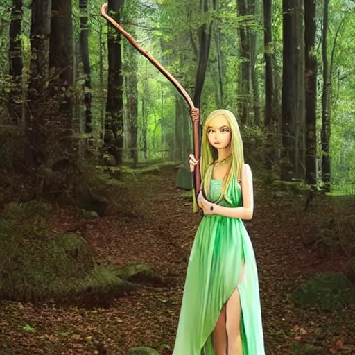 Image similar to a realistic portrait of a realistic female elf with a long withe and light green dress holding a scepter walking in the woods , perfect and hyperrealistic ultra detailed face, by WLOP