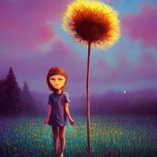 Image similar to girl with dandelion as a face, surreal photography, dream, standing in flower field, hills, big trees, sunrise dramatic light, impressionist painting, colorful clouds, digital painting, pointillism, artstation, simon stalenhag