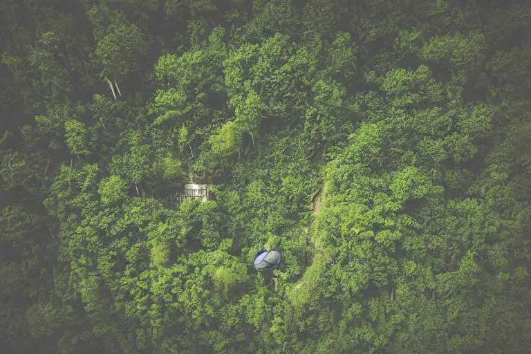 Image similar to sci fi nuclear containment buildings in a steep sided valley with trees, madman in gasmask fighting mutants, a sense of hope and optimism, birds overhead, stark light, day time, unsplash, national geographic, hd, high res