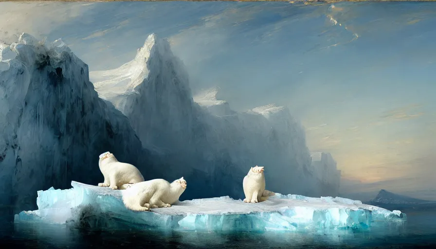 Image similar to highly detailed painting of white giant eagle cat seals on a blue and white iceberg by william turner, by greg rutkowski, by william constable, thick brush strokes and visible paint layers, 4 k resolution