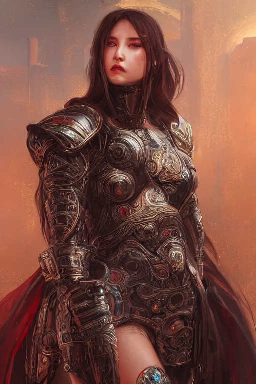 Image similar to portrait knights of Zodiac girl, metallic black and reddish reflected armor, in ruined Agora of Athens, ssci-fi, fantasy, intricate, very very beautiful, elegant, highly detailed, digital painting, artstation, concept art, smooth, sharp focus, illustration, art by tian zi and WLOP and alphonse mucha