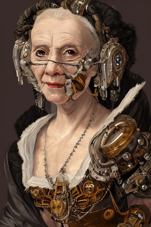 Image similar to portrait, headshot, digital painting, of a old 17th century, old lady cyborg merchant, amber jewels, implants, baroque, ornate clothing, scifi, futuristic, realistic, hyperdetailed, chiaroscuro, concept art, art by frans hals