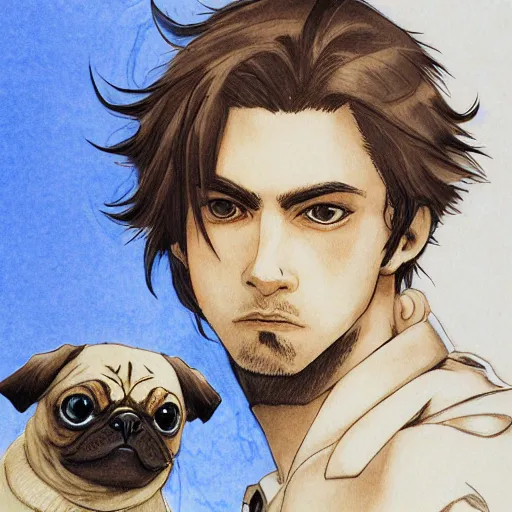 Image similar to self portrait, young white hispanic handsome man with short light brown hair and light skin and a 5 o clock shadow and holding a pug while fighting against 2 swordsmen pencil art, added detail, high definiton, colored, backfacing, illustrated by yoji shinkawa