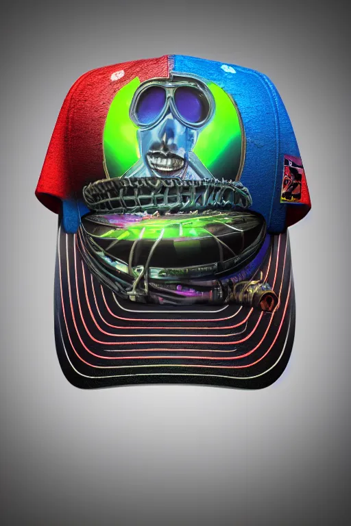 Prompt: photo of a baseball cap, band merchandise, bandname is tripmachine, tourname is invasion of the tripmachines, realistic digital art, printed with a 3 d render of a huge futuristic steampunk generator, 8 k, fluorescent colors, halluzinogenic, multicolored, exaggerated detailed, unreal engine