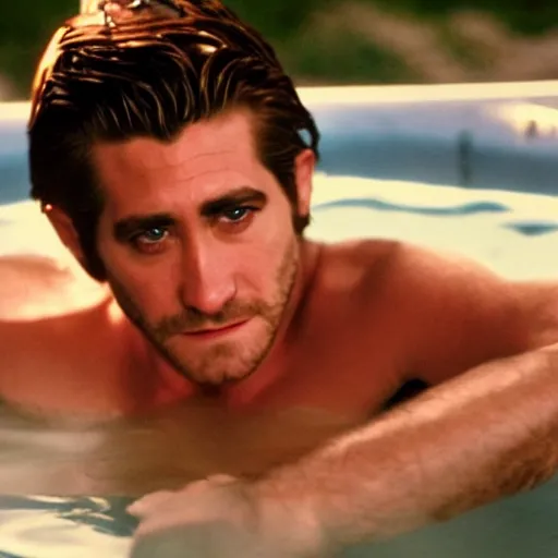 Prompt: movie poster cinestill of Jake Gyllenhaal as patrick Swayze sitting in a hot tub in the movie Road House