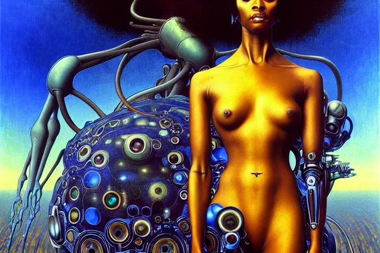 Image similar to realistic extremely detailed portrait painting of a beautiful black woman with a robot, futuristic sci-fi landscape on background by Jean Delville, Amano, Yves Tanguy, Mark Brooks, Alphonse Mucha, Ernst Haeckel, Edward Robert Hughes, Roger Dean, rich moody colours, blue eyes