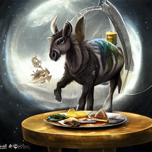 Image similar to zoom out, ultrarealistic, ultradetailed, war donkey eating breakfast, sitting on a futuristic table with aliens, at the end of the universe, very very very ultradetailed, epic fantasy style art, fantasy epic digital art, epic fantasy art, hearthstone style art, pathfinder, dungeons and dragons, floral, planets, stars, galaxies, highlights, organic, concept art