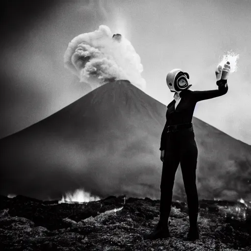 Prompt: agent woman with white suit, she wear gasmask, standing close to volcano, fire raining, professional photography, black and white, cinematic, eerie