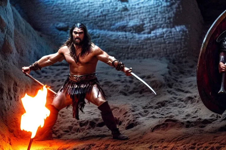 Image similar to film still from conan the barbarian, jason momoa as conan in the catacombs of evil, torch light, fantasy armor, volumetric lighting, wet skin and windblown hair, muscular!!!, battle action pose, ridley scott, high contrast