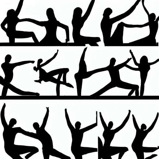 Image similar to visual instructions for a dance routine, black and white, ikea style, movement visible with dotted lines