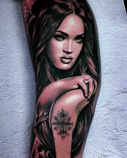 Image similar to double exposure effect tattoo design sketch that combines megan fox with beautiful mountain scenery, realism tattoo, in the style of den yakovlev, amazing detail, sharp