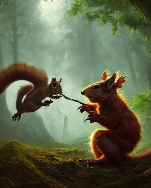 Image similar to oil painting of Anthropomorphized Squirrel attacking a monster, wearing leaf cloak,, sharp focus, fantasy style, octane render, volumetric lighting, 8k high definition, by greg rutkowski, highly detailed, trending on art Station, magic the gathering artwork, magical forest backround, centered