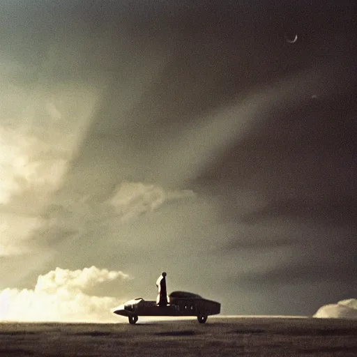 Prompt: a enormously big futuristic space ship hardly can be seen through clouds shifting towards the earth, a man in the middle of the scene watching it from the ground, by Roger Deakins, by Stanley Kubrick, cinestill 800t, trending on artstation, by Christopher Nolan