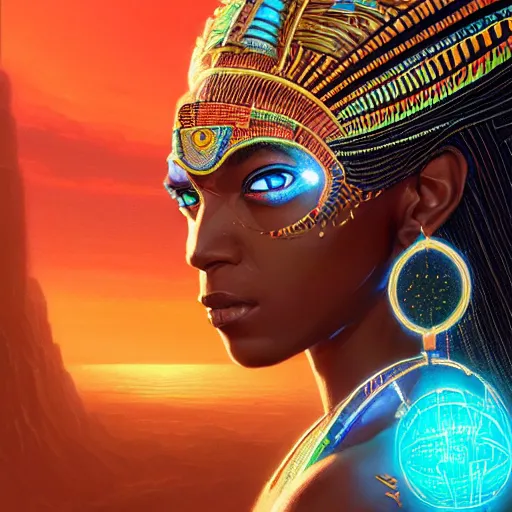 Image similar to highly detailed portrait of an african neon egyptian goddess, intricate alien technology, stephen bliss, unreal engine, fantasy art by greg rutkowski, loish, rhads, ferdinand knab, makoto shinkai and lois van baarle, ilya kuvshinov, rossdraws, tom bagshaw, global illumination, radiant light, detailed and intricate environment