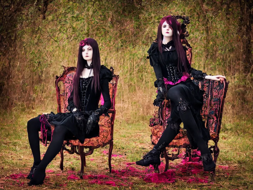 Image similar to full - length photo, young woman, sitting on chair, gothic clothes, 4 k, colourful