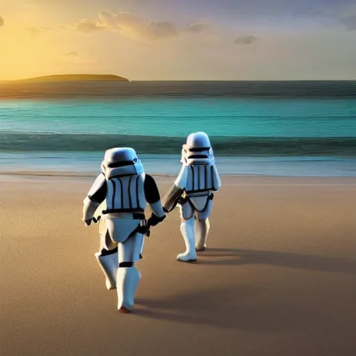 Prompt: stormtrooper and baby yoda walking together at the beach at sunset, beautiful, digital art, detailed, golden hour