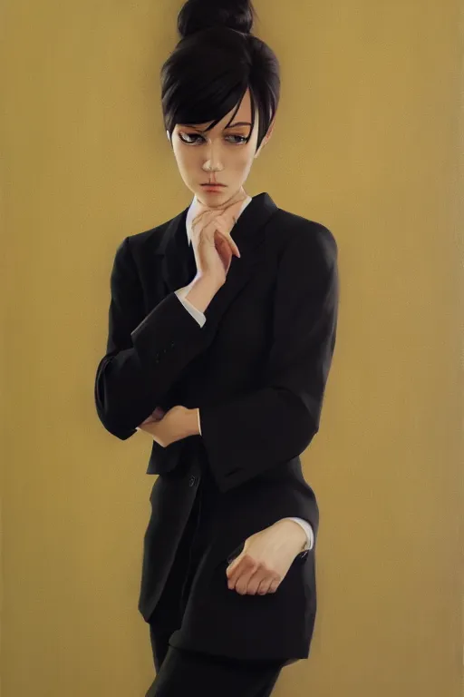 Image similar to a ultradetailed beautiful panting of a stylish woman wearing a black loose fit suit with a tie, oil painting, by ilya kuvshinov, greg rutkowski and makoto shinkai, trending on artstation