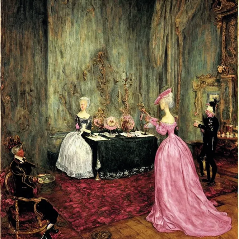 Image similar to Marie Antoinette cutting a pink cake. By El Greco, Remedios Varo, Salvador Dali, Carl Gustav Carus, John Atkinson Grimshaw.