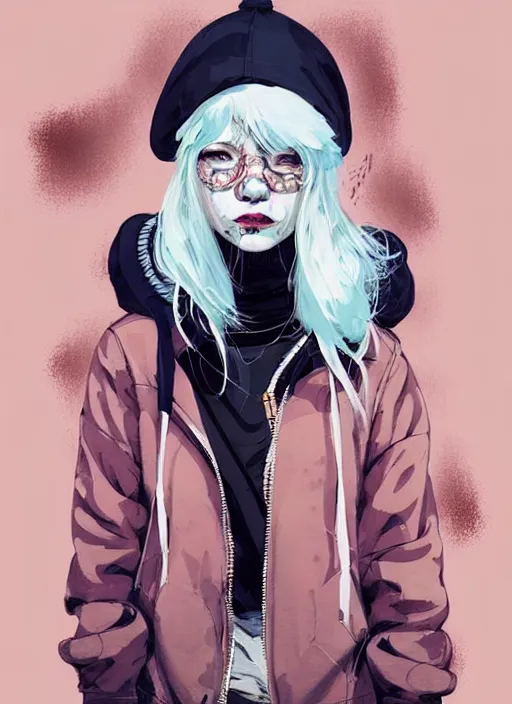 Prompt: highly detailed portrait of a swedish sewer punk lady student, blue eyes, tartan hoody, hat, white hair by atey ghailan, by greg tocchini, by kaethe butcher, by james gilleard, gradient pink, black, brown, cream and light blue color scheme, grunge aesthetic!!! ( ( graffiti tag wall white background ) )