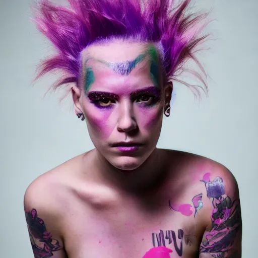 Image similar to a portrait of star st. germain with pink hair, purple eyebrows, and a septum ring, editorial fashion photography