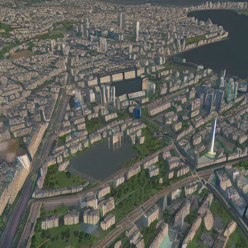 Image similar to paris city, screenshot from cities : skylines ( 2 0 3 5 ) vr game, isometric view, unreal engine 7, raytracing, volumetric fog resolution, ambient occlusion, anisotropy, shadow resolution, texture quality high, chromatic abberation, 8 k