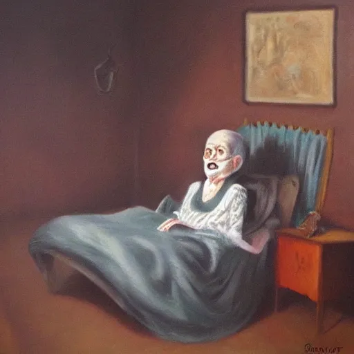 Image similar to creepy old cursed witch watching you sleep, eerie, haunted, oil painting