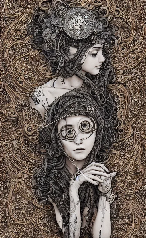 Image similar to beautifully stunning stonepunk woman_integrating_with_technology_full_face_insipiring_detailed_intricate_ornate_cables_connected_to_head_big_open_electric_eyes_ the_singulairty is now by Hironaka, Harumi