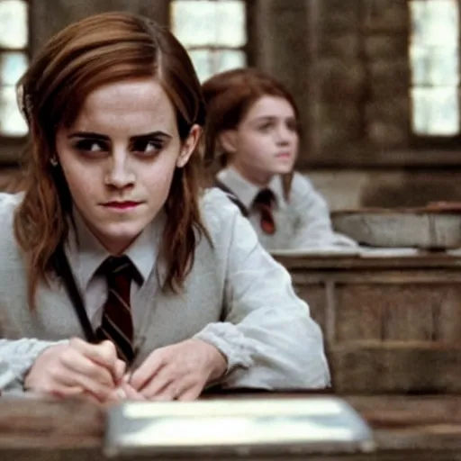 Image similar to Still from Harry Potter movies, Emma Watson using a computer during school in Hogwarts