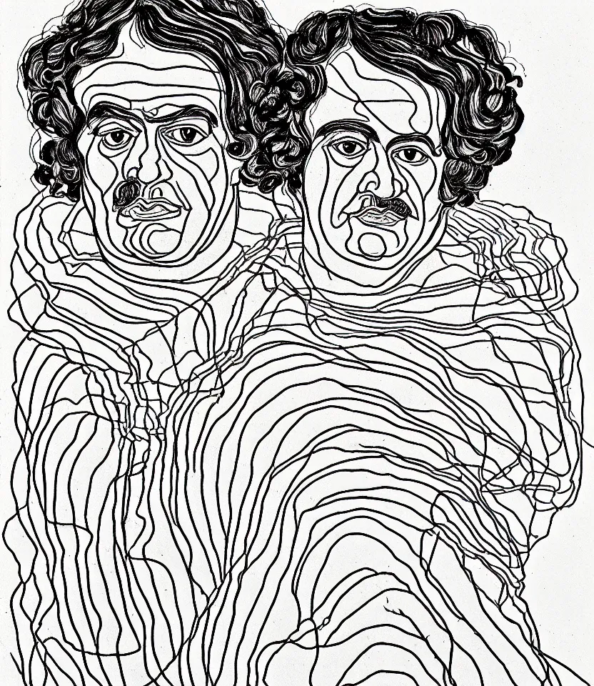 Prompt: detailed line art portrait of honore de balzac, inspired by egon schiele. caricatural, minimalist, bold contour lines, musicality, soft twirls curls and curves, confident personality, raw emotion