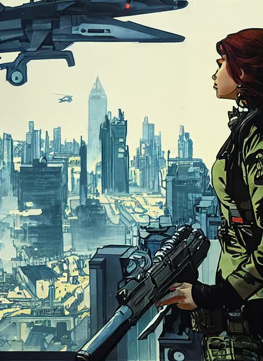 Image similar to Dinah. Beautiful USN special forces operator looking at city skyline. Agent wearing Futuristic stealth suit. rb6s Concept art by James Gurney, Alphonso Mucha.