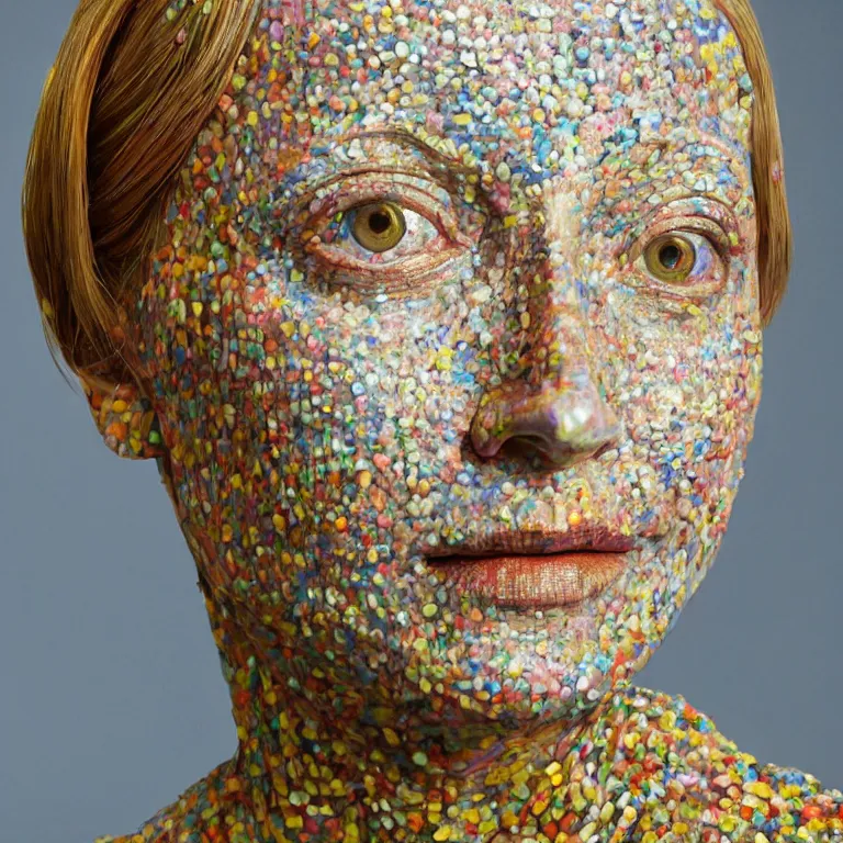 Prompt: studio photograph of colorful postmodern portrait sculpture of jodie foster, beautiful symmetrical!! face accurate face detailed face realistic proportions, made of spray - painted beeswax on a pedestal by ron mueck and matthew barney and greg rutkowski, hyperrealism cinematic lighting shocking detail 8 k