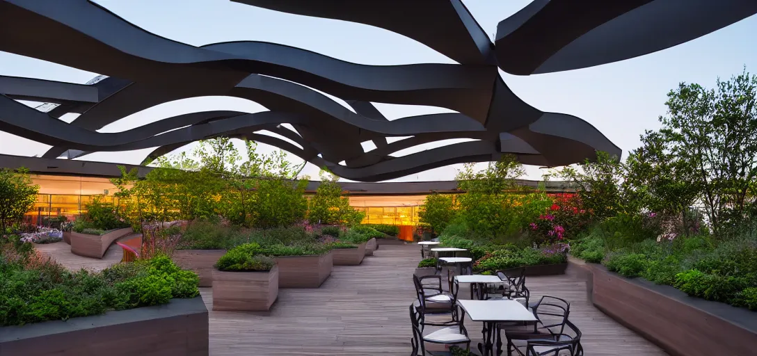 Image similar to curved roof planes lift and descend creating shade and architectural expression, situated on a rooftop garden in manhattan, highly detailed, vivid color, high resolution photography, mist, dusk