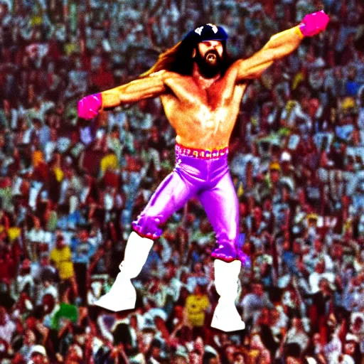 Prompt: Macho Man Randy Savage falling from the sky. Extreme wide angle!! very low perspective! High Quality, 4k