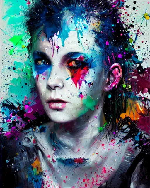 Prompt: a punk girl with many piercings and, defiant, passionate, spotlight, paint drips, paint splatter, vibrant colors, dramatic, canvas texture, futuristic clothing, by marco paludet, by jeremy mann