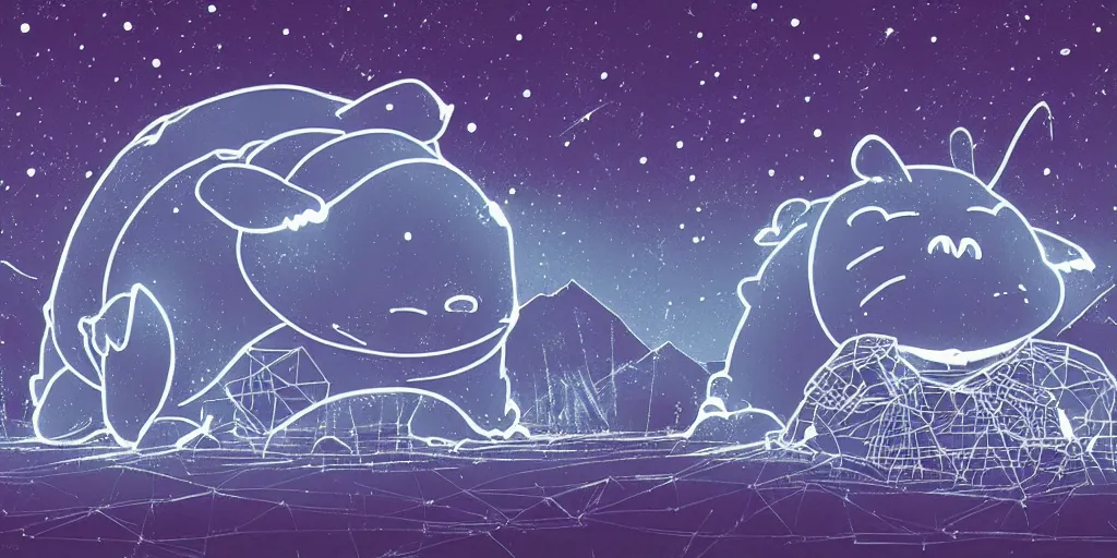 Image similar to giant glowing wireframe snorlax totoro, mountain landscape, night sky, digital art, digital painting, celestial, majestic, colorful