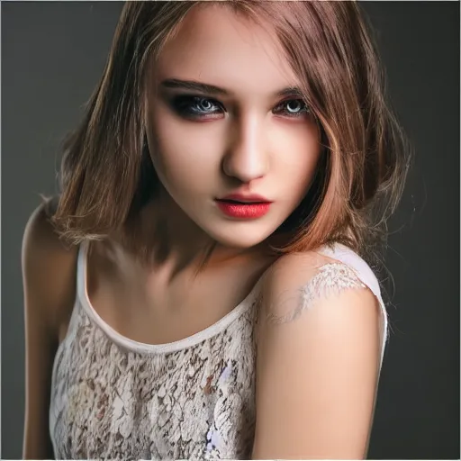 Image similar to young female model photography lace mini skirt beautiful face and body, dramatic light 8 0 mm camera