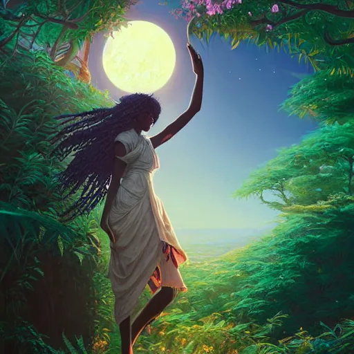 Image similar to an african marijuana!! goddess, by stephen bliss, unreal engine, fantasy art by greg rutkowski, loish, rhads, ferdinand knab, makoto shinkai and lois van baarle, ilya kuvshinov, rossdraws, tom bagshaw, moon light, radiant light, detailed and intricate environment