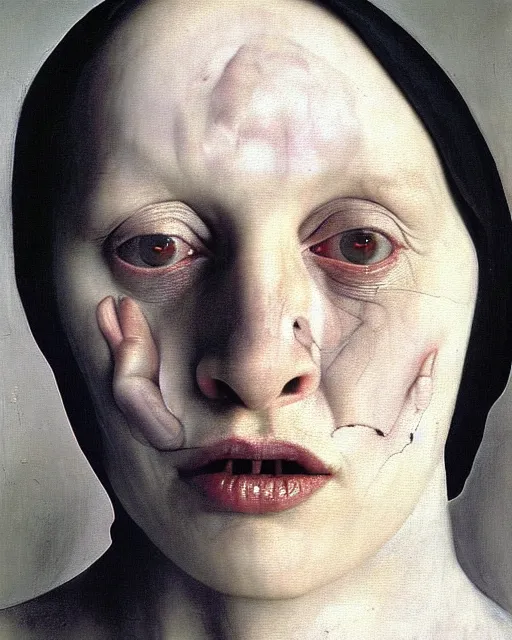 Image similar to a close up portrait of the devil with a blank cold expression, by joel peter witkin and hieronymus bosch and annie liebovitz, very pale skin, very blurry, translucent white skin, foggy, oil painting, photorealistic, anatomically correct, beautiful perfect face, visible brushstrokes, sharp focus, highly detailed, cinematic lighting, 8 k, hd