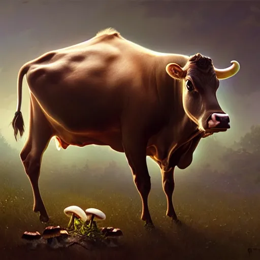 Prompt: long shot photo of a cow with mushrooms sprouting from it's back and top, highly detailed, digital painting, artstation, smooth, sharp focus, illustration, art by artgerm and greg rutkowski and alphonse mucha