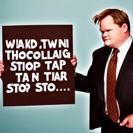 Image similar to Andy Richter is wearing a chocolate brown suit and necktie, holding a sign that reads Stop making these images of me of I WILL tell Conan!! Andy has a stern look on his face