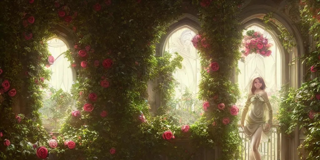 Prompt: ultra realistic, artstation, concept art, natural lighting, by artgerm and greg rutkowski and alphonse mucha and wlop, heaven dreamy interior with surrounded ivy, flowers, roses, and with archways. rendered in octane render with photorealistic lighting, 8 k, hd