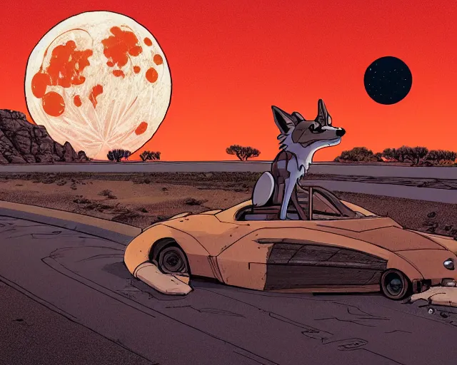 Image similar to a study of cell shaded cartoon of a mechanical coyote on a desert road, in front of a big moon illustration, wide shot, subtle colors, post grunge, concept art by josan gonzales and wlop, david rubin, mike mignola, laurie greasley, highly detailed, sharp focus, trending on artstation, hq, deviantart, art by artgem