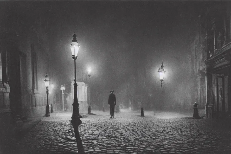 Image similar to wet plate photograph, august strindberg waking alone at night along cobblestone street in vienna, night time, alone, lamplight, victorian era, depth of field, very detailed, fog, highly accurate, intricate