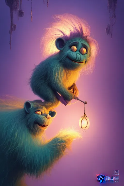 Image similar to a surreal Bioluminescent, very very very cute Hairy Troll in a happy world by Daniel Merriam, Trending on Artstation, oil on Canvas by Elena Zhurikhina and Goro Fujita and Charlie Bowater, octane render, 4k, 8k, HD