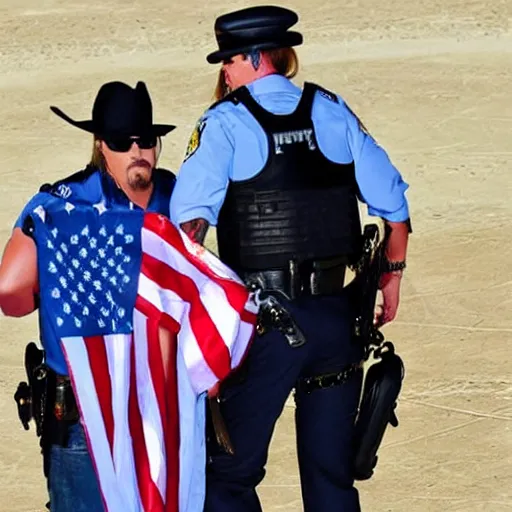 Image similar to kid rock being arrested for disparaging the american flag by wearing it as a dress, highly detailed, photographic, 4 k