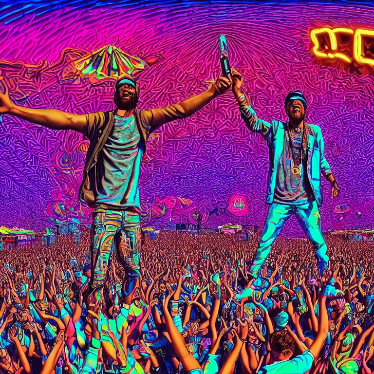 Image similar to rapping on stage at festival, holding microphone, giant crowd, epic pose, happy, psychedelic, hip hop, surreal, neon, vaporwave, detailed, illustrated by Alex Grey, 4k