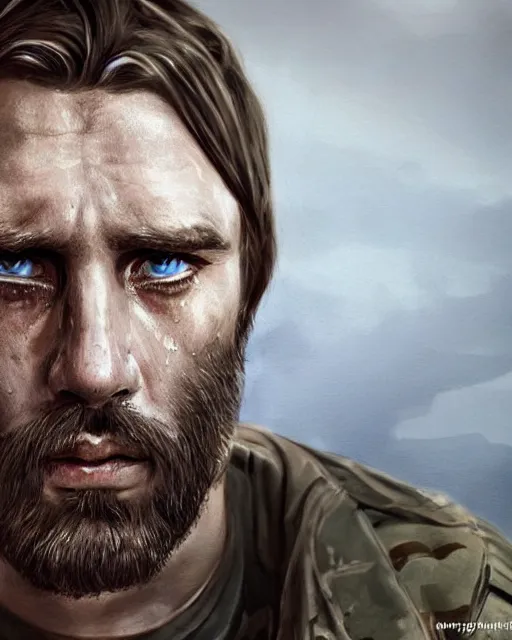 Image similar to portrait of muscular, tired and alcoholic 3 0 - year - old grieving man with short darkblonde hair, serious sad look in his eyes, looking down, dirty beard, blue eyes, crying tears, wearing dirty soldier uniform, on the desert, sad atmosphere, hyper realistic face, character art, art by artgerm, cryengine, trending on artstation, digital art