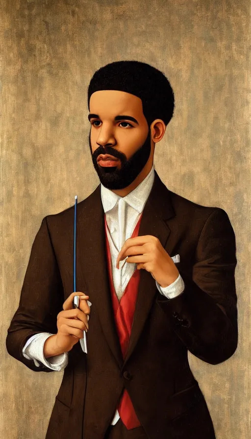 Prompt: drake wearing a formal suit and smoking by botticelli, brown skin, classical painting, digital painting, romantic, vivid color, oil painting
